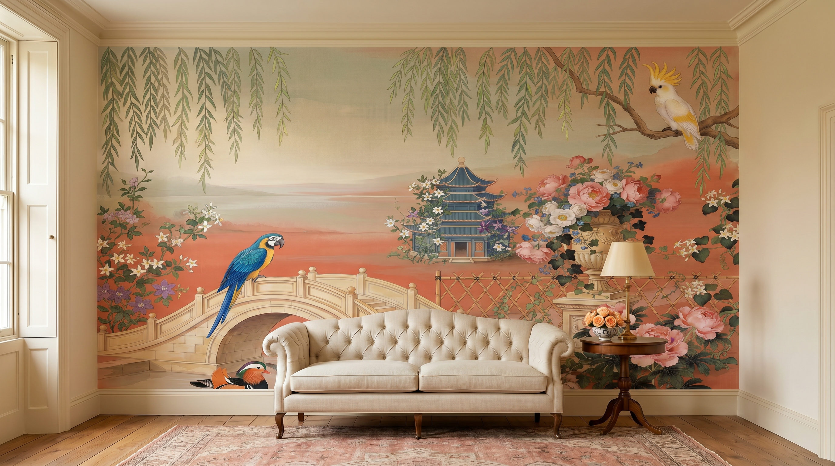 Coral Salon mural installed in a south-facing Georgian drawing room