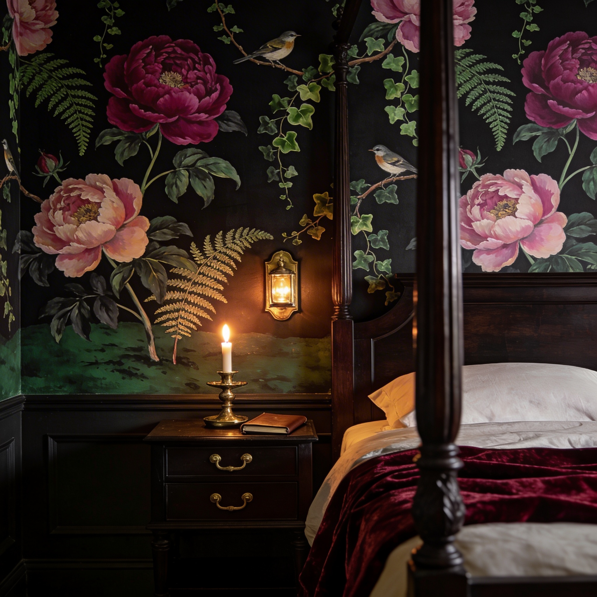 A bedroom with a dark-botanical mural